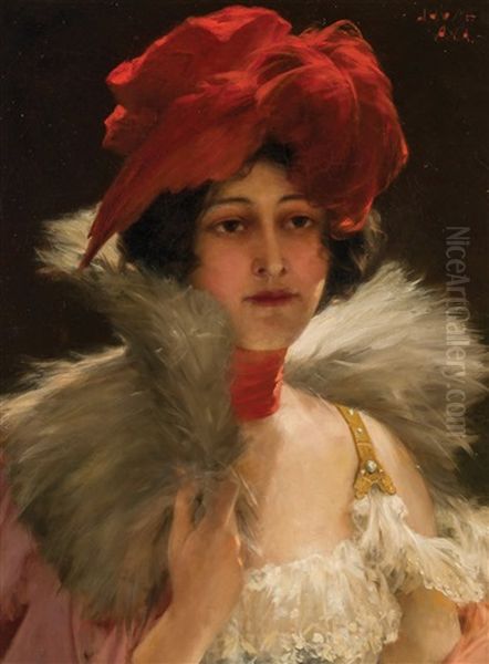 Portrait Of A Woman In A Feather Hat Oil Painting by John Harrison Witt