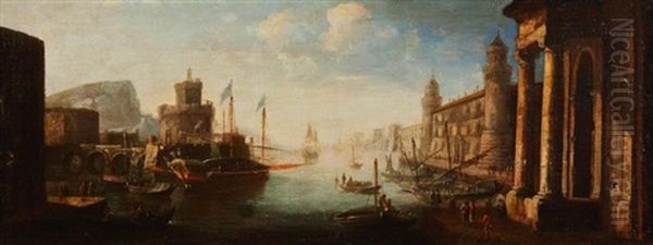 Capriccio Of A Harbour With Shipping, A Temple, Fortifications And A Tower Oil Painting by (circle of) Wittel, Gaspar van (Vanvitelli)