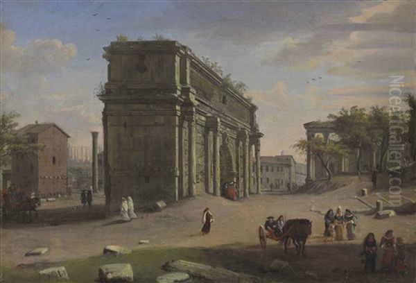 The Campo Vaccino, Rome, With The Arch Of Septimus Severus Oil Painting by (circle of) Wittel, Gaspar van (Vanvitelli)