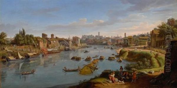 Rome, A View Of The Port Of Ripa Grande Oil Painting by (circle of) Wittel, Gaspar van (Vanvitelli)
