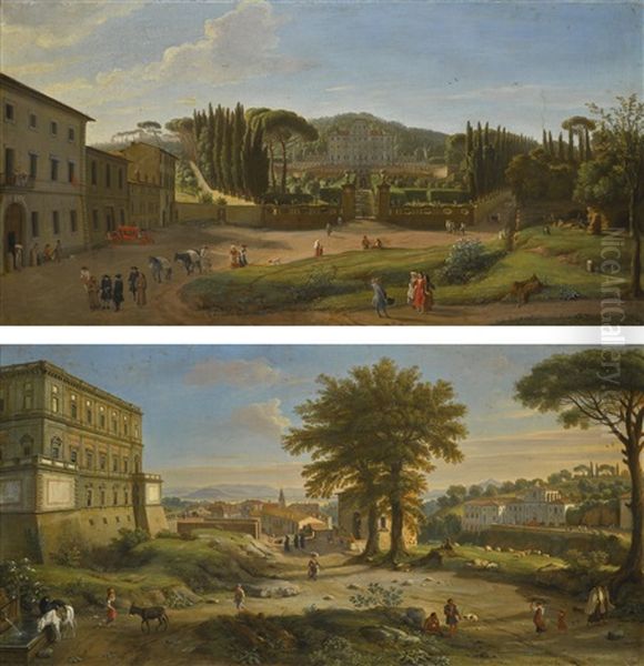 Two Landscapes With The Villa Aldobrandini At Frascati And The Villa Farnese At Caprarola Oil Painting by (circle of) Wittel, Gaspar van (Vanvitelli)