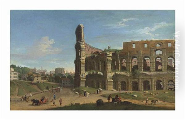 The Colosseum, Rome, From The Meta Sudans, With Figures And Horse Drawn Carriages In The Foreground Oil Painting by (circle of) Wittel, Gaspar van (Vanvitelli)