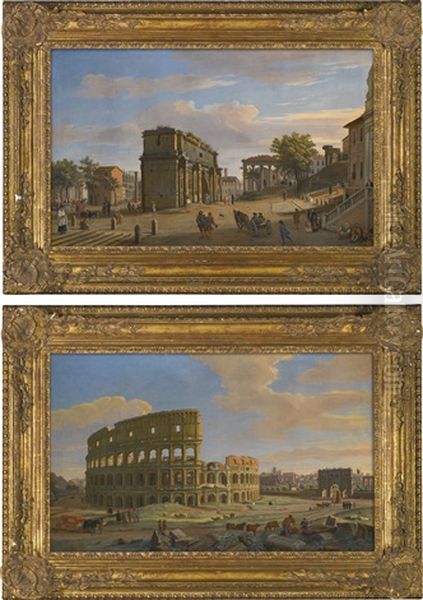 Two Views Of Rome: The Arch Of Septimius Severus With The Temple Of Saturn; And The Colosseum With The Arch Of Constantine Oil Painting by (circle of) Wittel, Gaspar van (Vanvitelli)