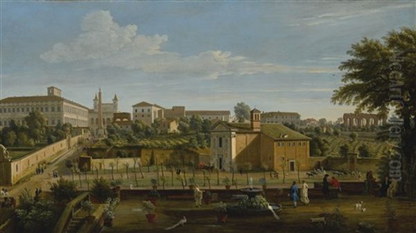 Rome, A View Of The Church Of Santi Marcellino E Pietro, From The Vigna Ciccolini, With The Palazzo Laterano, The Church Of San Giovanni In Laterano, The Ospedale Di San Giovanni And Ruins Of The Claudian Aqueduct Beyond Oil Painting by (circle of) Wittel, Gaspar van (Vanvitelli)