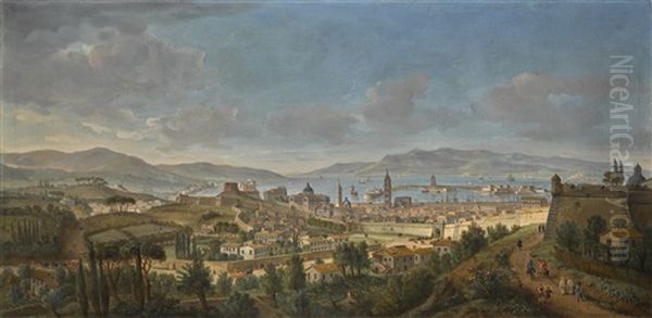 Messina, A Panoramic View Of The City Towards The Sea From The Colle Del Tirone Oil Painting by (circle of) Wittel, Gaspar van (Vanvitelli)