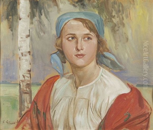 Portret Kobiety W Stroju Ludowym Oil Painting by Wincenty Wodzinowski
