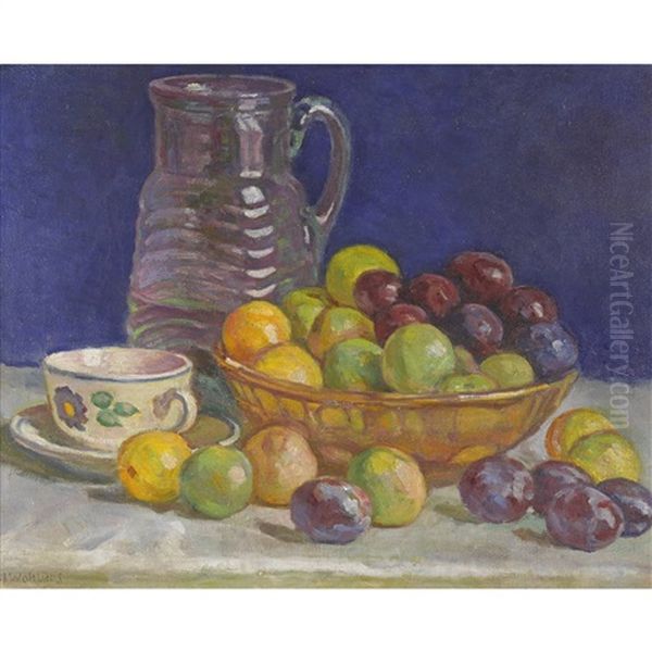 Fruchtestillleben Mit Karaffe Und Tasse Oil Painting by Julius Wohlers