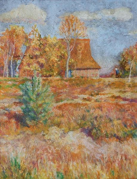 Landscape With House And A Woman Oil Painting by Julius Wohlers