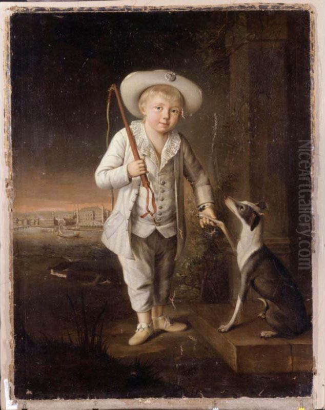 Portrait Of A Boy With A Whippet, An Eastern European City Beyond Oil Painting by Richard Brompton