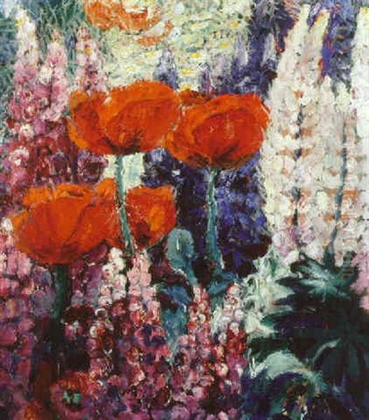 Lupiner Og Valmuer Oil Painting by Nikolaus (Niko) Woehlk