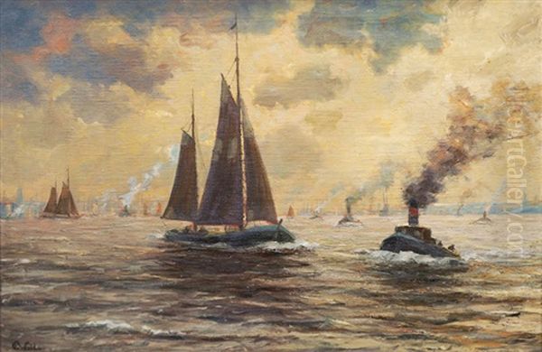 Panoramic View Of The Port Of Hamburg Oil Painting by Paul Wolde