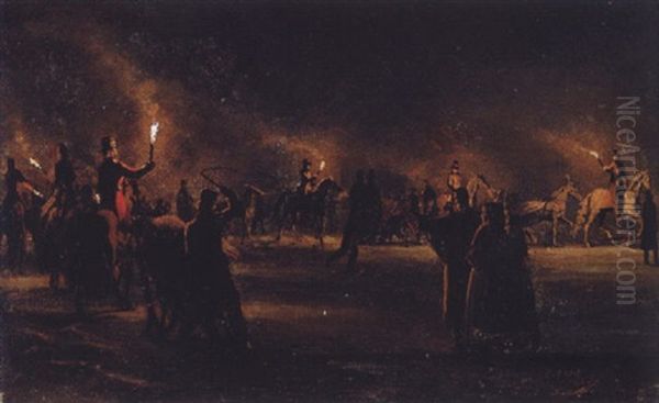 Aben Plads Med Talrige Ryttere Baerende Pa Fakler, I Forgrunden To Kvinder Oil Painting by Emil (Aage Jacob Emil) Wolff