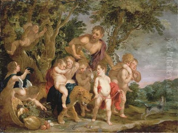A Bacchanal In A Wooded River Landscape Oil Painting by Victor Wolfvoet the Younger