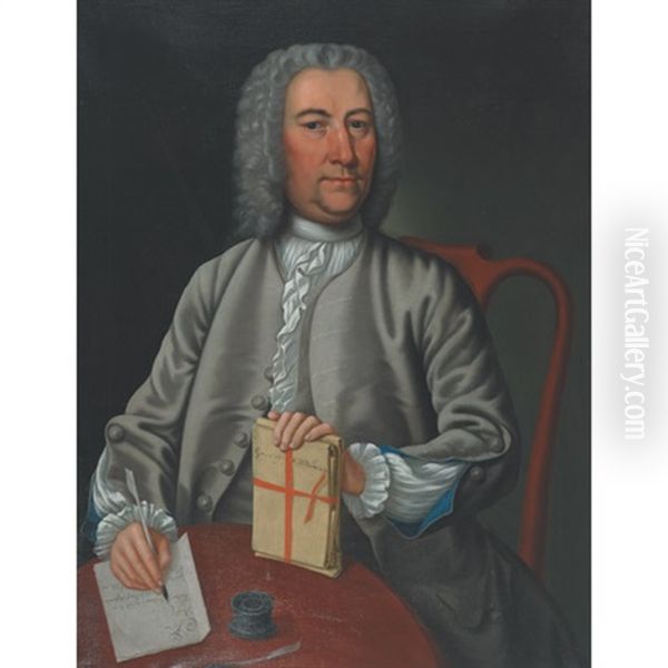 A Lawyer Writing A Letter To Buck Waller (+ A Lady Holding A Fan; Pair) Oil Painting by John Wollaston