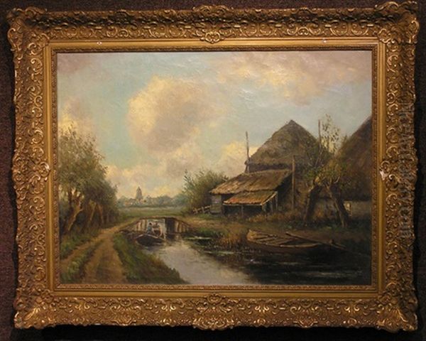 Farm House Near A Canal Oil Painting by Clemens Wolters