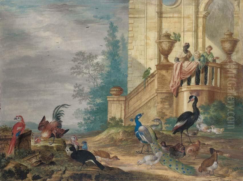 Birds In The Grounds Of An Elegant House, Including Ared Macaw, A Green Parrot, A Peacock And Peahen, A Turkey Andhens Oil Painting by Johannes Bronkhorst