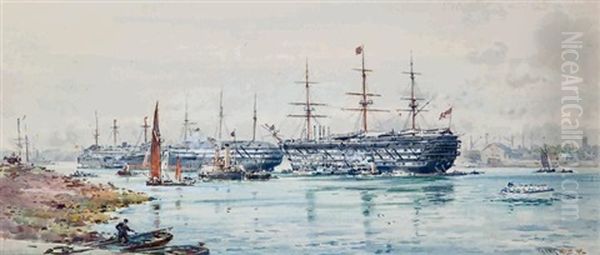 Training Ships At Gosport Oil Painting by Frank Watson Wood