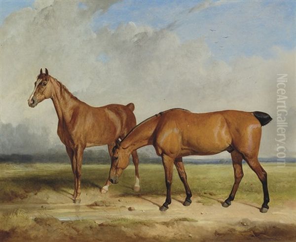 "old Brush" And A Chestnut Mare, In A Field Oil Painting by Thomas Woodward