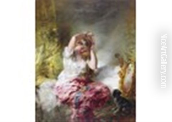 A Young Lady Adorning Her Hair Watched By Her Pet Dog Oil Painting by Alfred Woolmer