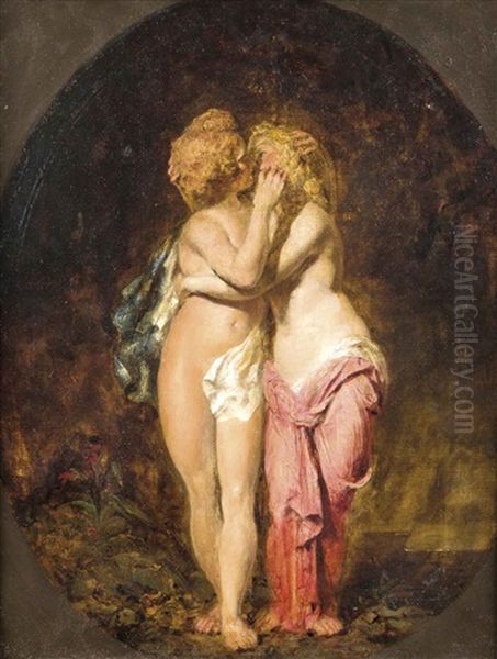 Liebesallegorie In Form Eines Jungen Sich Zartlich Kussenden Parchens Im Oval Einer Dunkel Angedeuteten Landschaft Oil Painting by Alfred Woolmer