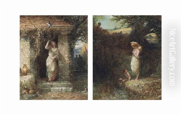 The Terrace, Haddon Hall; And At The Well (pair) Oil Painting by Alfred Woolmer