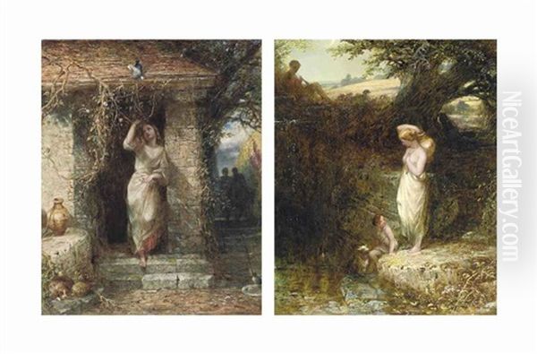 The Terrace, Haddon Hall And At The Well (pair) Oil Painting by Alfred Woolmer