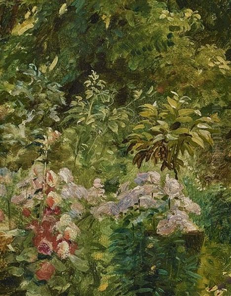 Flower Garden Oil Painting by Joseph Wopfner