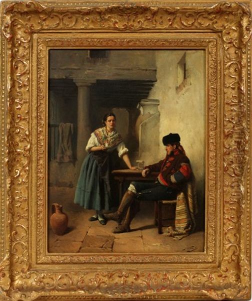 Man & Woman At Table Oil Painting by Jules Worms