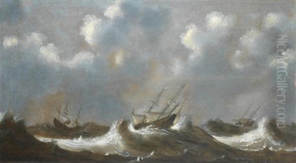 Shipping In A Stormy Sea Oil Painting by Claes Claesz. Wou