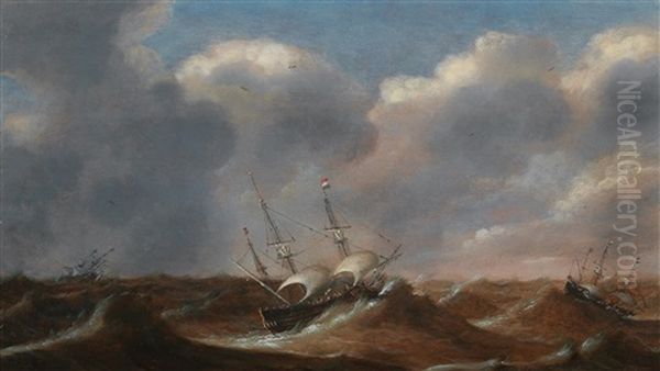 Ships In A Turbulent Sea Oil Painting by Claes Claesz. Wou