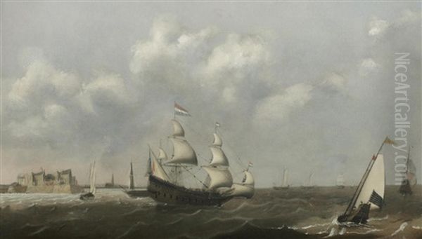 A Dutch Threemaster And Other Shipping In Choppy Waters, A View Of Fort Rammekens, Off The Coast Of Flushing, In The Background Oil Painting by Claes Claesz. Wou
