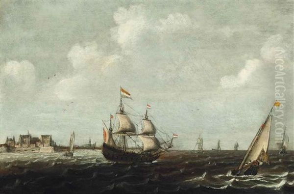 A Dutch Threemaster And Other Shipping In Choppy Waters, A View Of Fort Rammekens Off The Coast Of Vlissingen Beyond Oil Painting by Claes Claesz. Wou