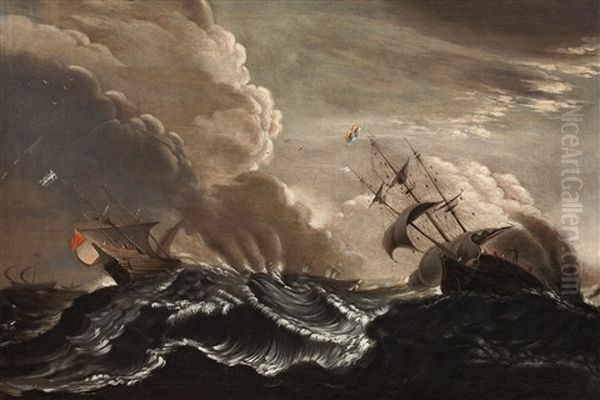 Ships In A Stormy Sea Oil Painting by Claes Claesz. Wou