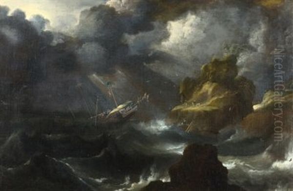 Sturmische See Mit Schiffbruch An Felsiger Kuste Oil Painting by Claes Claesz. Wou