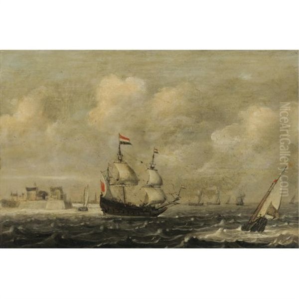 A Dutch Threemaster Before Fort Rammekens, Off The Coast Of Vlissingen Oil Painting by Claes Claesz. Wou