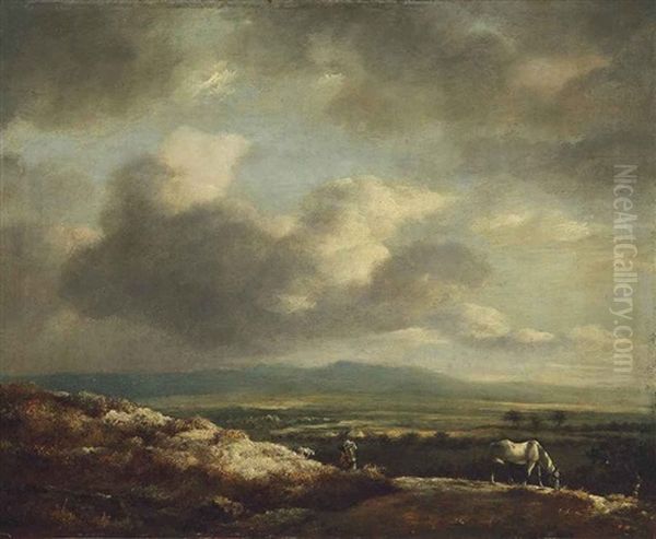 A Panoramic View Over A Hilly Landscape, With A Piebald Horse In The Foreground Oil Painting by Jan Wouwerman