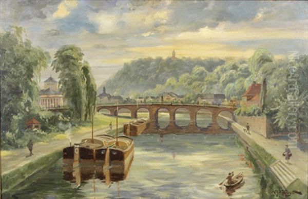 Blick Auf Die Alte Brucke Mit Winterberg Und Stadttheater In Saarbrucken Oil Painting by Christian Woytt