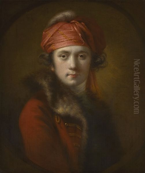 Portrait Of The Artist, Wearing A Red Fur-collared Coat And Turban Oil Painting by Josepf Wright Of Derby