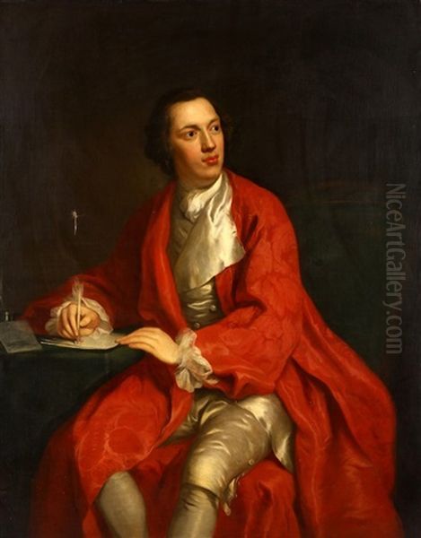 Portrait Of A Gentleman, In A Red Cloak, Writing At A Table Oil Painting by Josepf Wright Of Derby