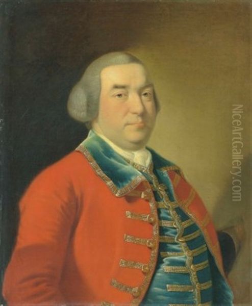 Portrait Of Captain William Kirke (1715-1773), Bust-length, In A Red Military Coat And Blue Waistcoat With Gold Embroidery Oil Painting by Josepf Wright Of Derby