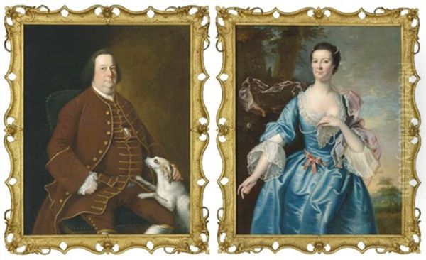 Portrait Of A Gentleman, Seated Three-quarter-length, In A Brown Coat And Breeches, With A Dog; And Portrait Of A Lady, Three-quarter-length, In A Blue Dress And Lace Collar And Cuffs, Standing In A Landscape Oil Painting by Josepf Wright Of Derby