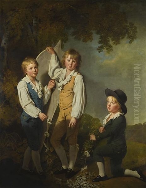 The Three Eldest Children Of Richard Arkwright With A Kite Oil Painting by Josepf Wright Of Derby