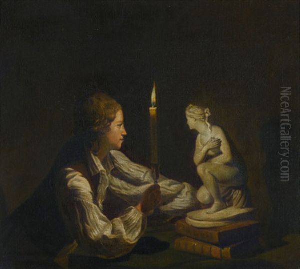 A Young Artist Holding A Lighted Candle, Inspecting A Model Of A Crouching Venus Oil Painting by Josepf Wright Of Derby