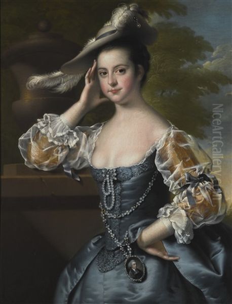 A Portrait Of Susannah Hope (1744-1807), A Portrait Miniature Of Her Husband Reverend Charles Hope Of Derby At Her Waist Oil Painting by Josepf Wright Of Derby