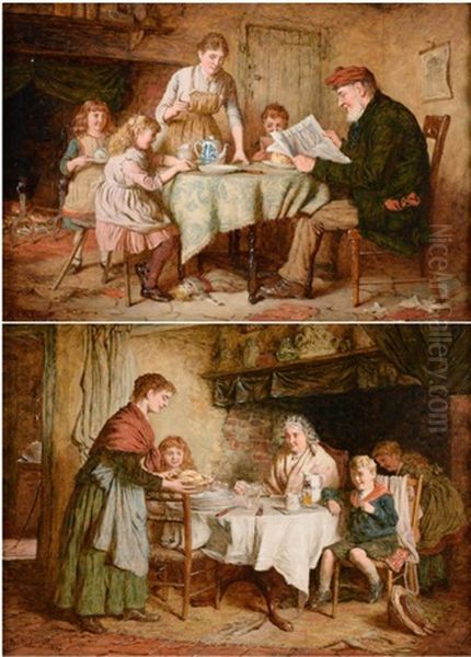 Morning News - A Family Seated Around The Table With The Gentleman Reading A Newspaper 
Dinner Time - A Family Seated Around A Table Oil Painting by Robert W. Wright