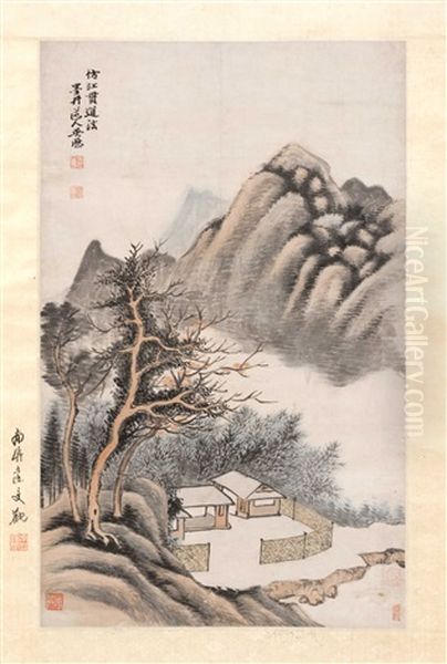 Chinese Scroll Painting On Paper By Wu Li. Depicting A Cottage With Distant Hills Oil Painting by Wu Li