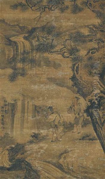 Chatting In Front Of The Waterfall Oil Painting by Wu Wei