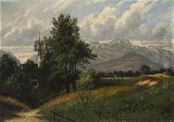 Blick Auf Die Kampenwand. Im Hintergrund Die Priener Pfarrkirche Maria Himmelfahrt Oil Painting by Marie Wunsch