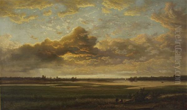Sunset River Landscape With Impending Clouds Oil Painting by Alexander Ferdinand Wust