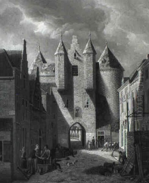 View Of A Town With Soldiers And Townsfolk Oil Painting by Christopher (Christoffel) Wust